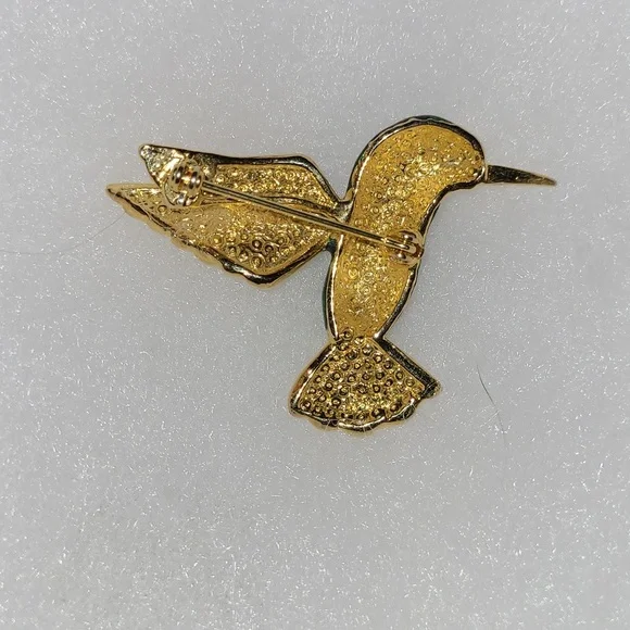 Hummingbird Brooch Green & Blue Enamel & Crystal Rhinestones Bird of Paradise 2" - Picture 4 of 8